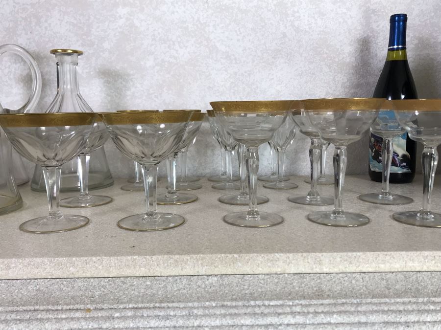 Large Collection Of Gold Rim Stemware Glasses With Matching Pitcher And Two Matching Decanters Apx 41 Pieces [Photo 13]