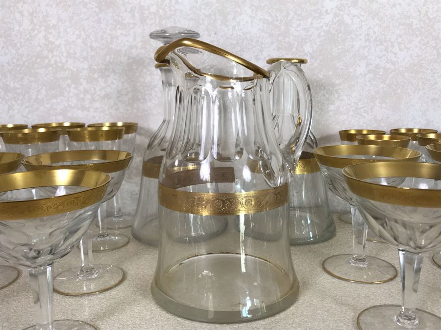 Large Collection Of Gold Rim Stemware Glasses With Matching Pitcher And Two Matching Decanters Apx 41 Pieces [Photo 7]