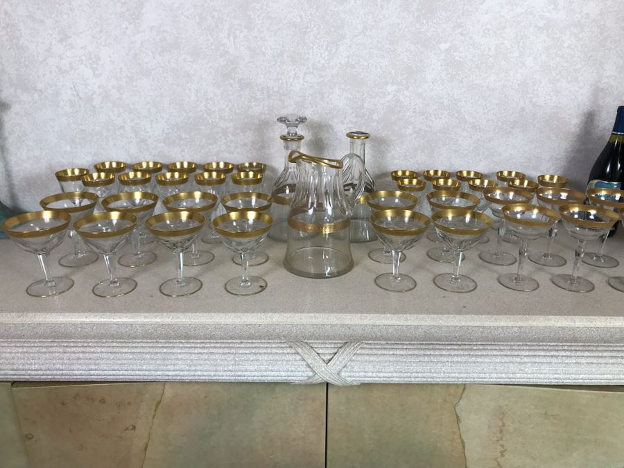 Large Collection Of Gold Rim Stemware Glasses With Matching Pitcher And Two Matching Decanters Apx 41 Pieces [Photo 1]