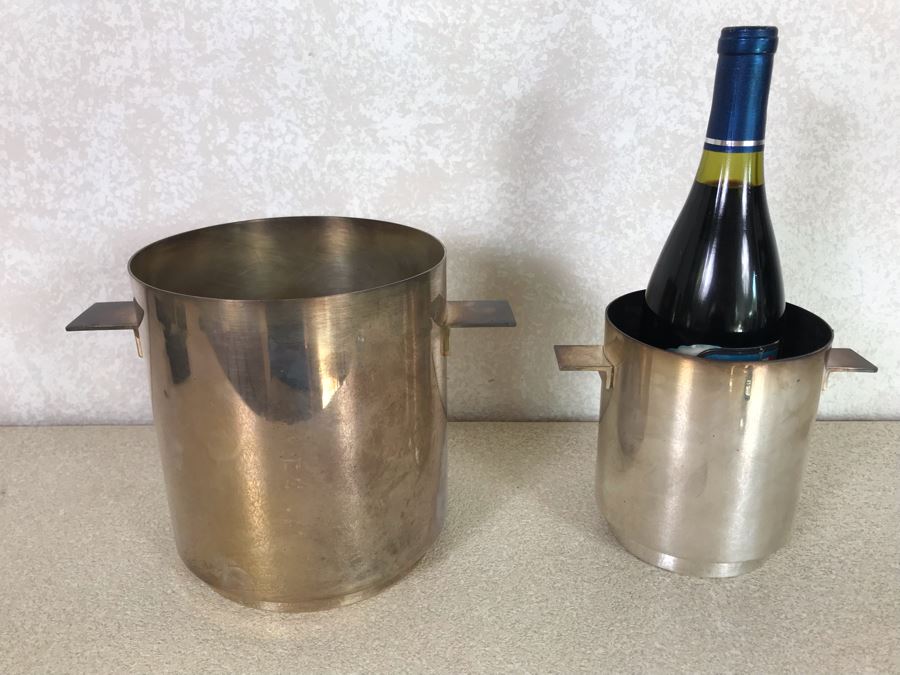 Mid-Century Modern Christofle France Gallia Lino Sabattini Ice Bucket 7.25H X 6.5W And Wine Bucket 5.75H X 4.75W With Tongues Handles [Photo 3]