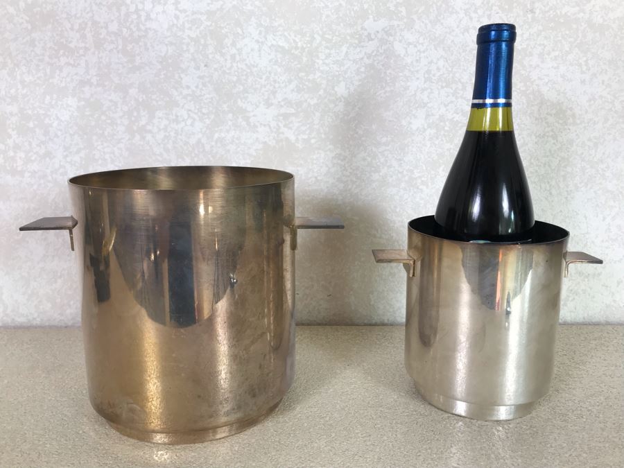 Mid-Century Modern Christofle France Gallia Lino Sabattini Ice Bucket 7.25H X 6.5W And Wine Bucket 5.75H X 4.75W With Tongues Handles
