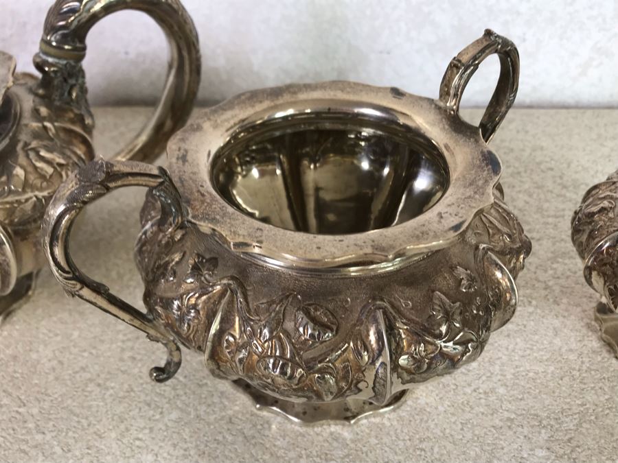 Rare Arts And Crafts Sterling Silver Repousse Tea And Coffee Service With Teapot, Coffee Pot, Creamer And Sugar By Alexander Clark 188 Oxford St London 2,700g [Photo 17]