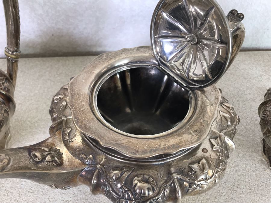 Rare Arts And Crafts Sterling Silver Repousse Tea And Coffee Service With Teapot, Coffee Pot, Creamer And Sugar By Alexander Clark 188 Oxford St London 2,700g [Photo 22]