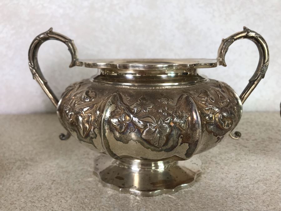 Rare Arts And Crafts Sterling Silver Repousse Tea And Coffee Service With Teapot, Coffee Pot, Creamer And Sugar By Alexander Clark 188 Oxford St London 2,700g [Photo 24]