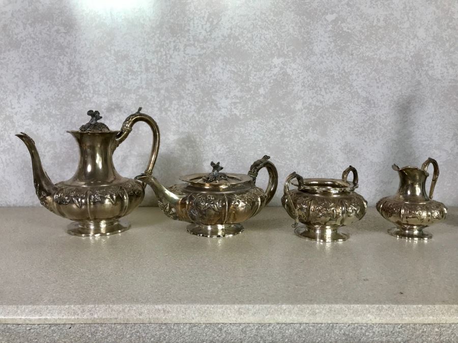Rare Arts And Crafts Sterling Silver Repousse Tea And Coffee Service With Teapot, Coffee Pot, Creamer And Sugar By Alexander Clark 188 Oxford St London 2,700g [Photo 2]