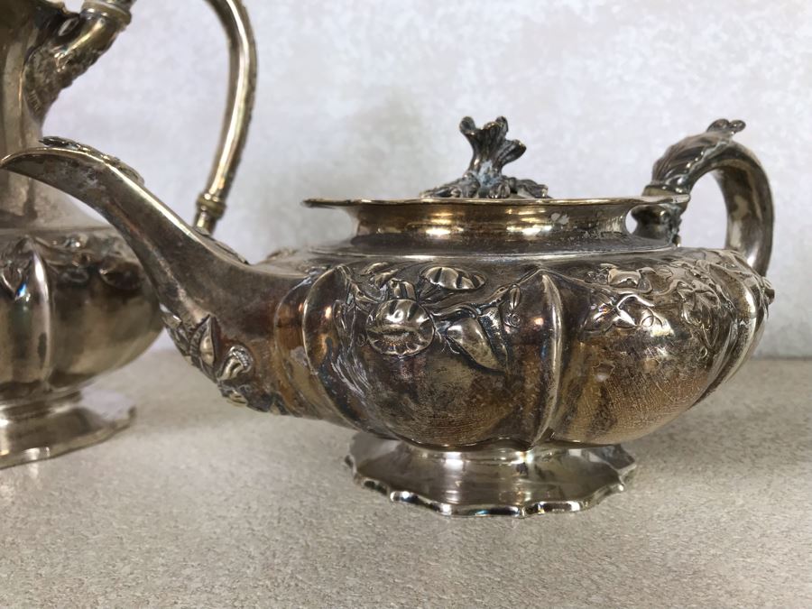 Rare Arts And Crafts Sterling Silver Repousse Tea And Coffee Service With Teapot, Coffee Pot, Creamer And Sugar By Alexander Clark 188 Oxford St London 2,700g [Photo 4]