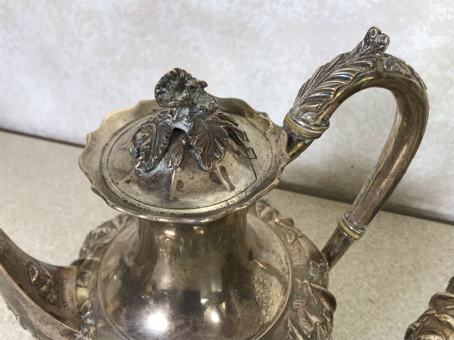 Rare Arts And Crafts Sterling Silver Repousse Tea And Coffee Service With Teapot, Coffee Pot, Creamer And Sugar By Alexander Clark 188 Oxford St London 2,700g [Photo 16]