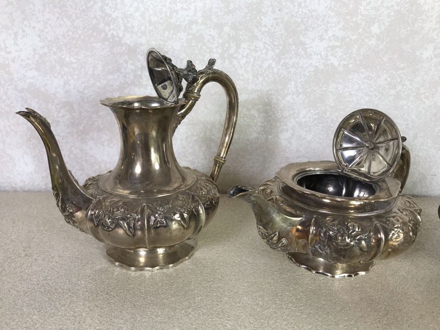 Rare Arts And Crafts Sterling Silver Repousse Tea And Coffee Service With Teapot, Coffee Pot, Creamer And Sugar By Alexander Clark 188 Oxford St London 2,700g [Photo 21]