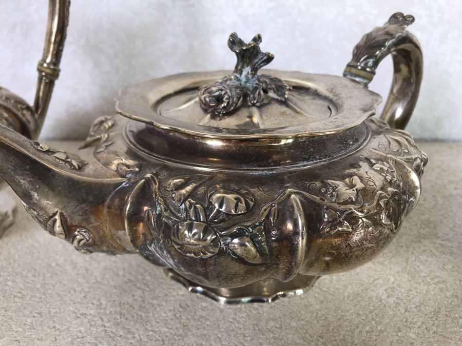 Rare Arts And Crafts Sterling Silver Repousse Tea And Coffee Service With Teapot, Coffee Pot, Creamer And Sugar By Alexander Clark 188 Oxford St London 2,700g [Photo 5]