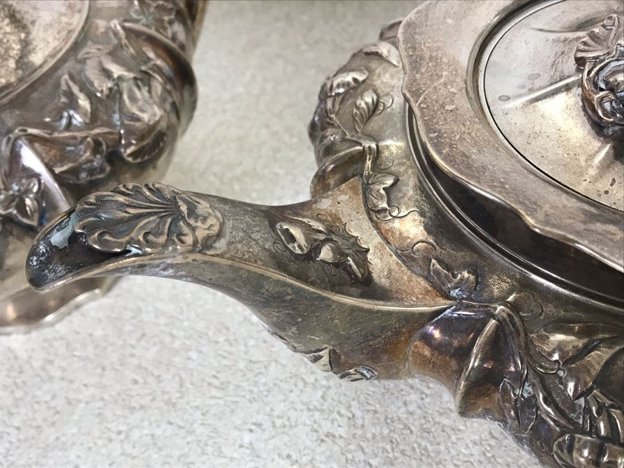 Rare Arts And Crafts Sterling Silver Repousse Tea And Coffee Service With Teapot, Coffee Pot, Creamer And Sugar By Alexander Clark 188 Oxford St London 2,700g [Photo 9]