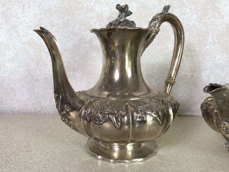 Rare Arts And Crafts Sterling Silver Repousse Tea And Coffee Service With Teapot, Coffee Pot, Creamer And Sugar By Alexander Clark 188 Oxford St London 2,700g [Photo 12]