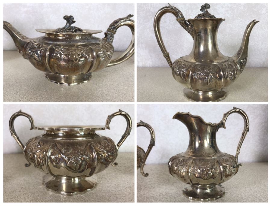 Rare Arts And Crafts Sterling Silver Repousse Tea And Coffee Service With Teapot, Coffee Pot, Creamer And Sugar By Alexander Clark 188 Oxford St London 2,700g [Photo 1]