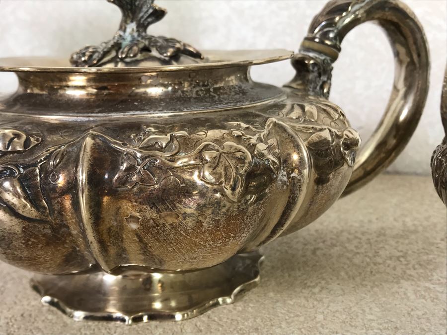 Rare Arts And Crafts Sterling Silver Repousse Tea And Coffee Service With Teapot, Coffee Pot, Creamer And Sugar By Alexander Clark 188 Oxford St London 2,700g [Photo 7]