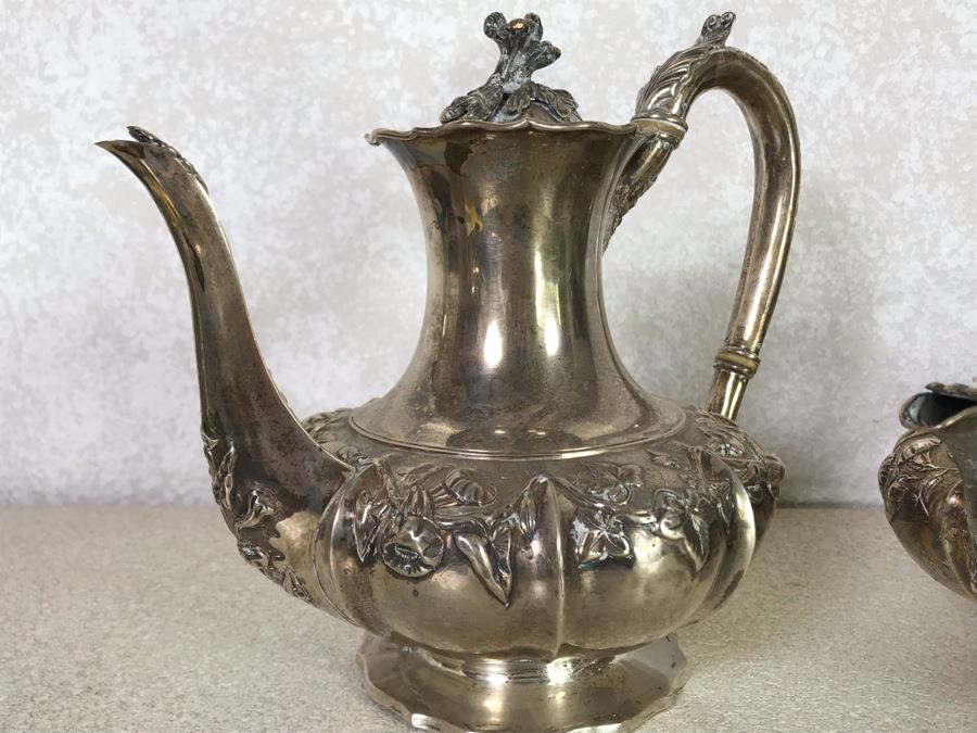 Rare Arts And Crafts Sterling Silver Repousse Tea And Coffee Service With Teapot, Coffee Pot, Creamer And Sugar By Alexander Clark 188 Oxford St London 2,700g [Photo 11]