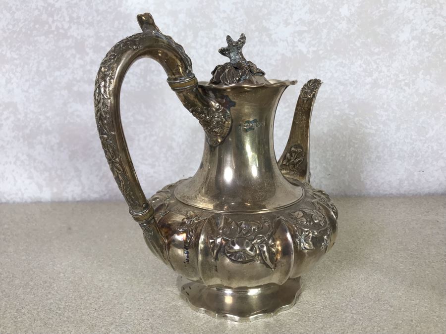 Rare Arts And Crafts Sterling Silver Repousse Tea And Coffee Service With Teapot, Coffee Pot, Creamer And Sugar By Alexander Clark 188 Oxford St London 2,700g [Photo 45]