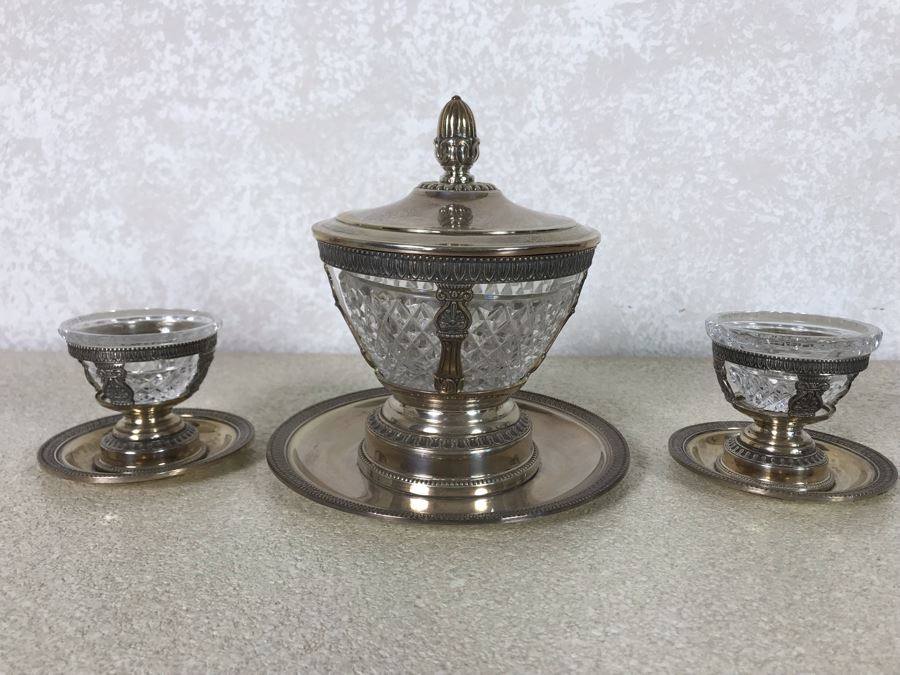 Vintage Italian Neoclassical 800 Silver Hallmarked 20 AL ALESSANDRIA Italy - RICCI & C. S.p.A. Center Bowl With Lid And Pair Of Cups Total Silver Weight 596g