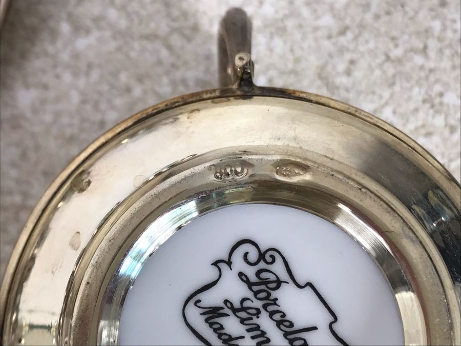 Vintage Italian 800 Demitasse Silver Cups Holders Hallmarked 33 VC - VERCELLI By PASSERA F. LLI di PASSERA Rag. GIULIO & Geom. UMBERTO 4.5W With Six Limoges France Porcelain Demitasse Cups 990g TW [Photo 9]