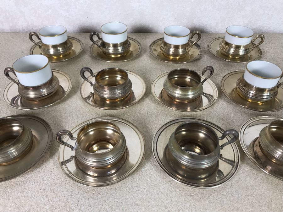 Vintage Italian 800 Demitasse Silver Cups Holders Hallmarked 33 VC - VERCELLI By PASSERA F. LLI di PASSERA Rag. GIULIO & Geom. UMBERTO 4.5W With Six Limoges France Porcelain Demitasse Cups 990g TW [Photo 3]