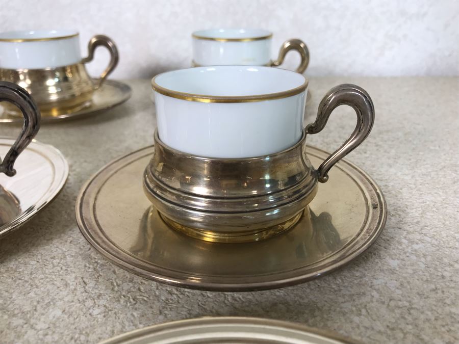Vintage Italian 800 Demitasse Silver Cups Holders Hallmarked 33 VC - VERCELLI By PASSERA F. LLI di PASSERA Rag. GIULIO & Geom. UMBERTO 4.5W With Six Limoges France Porcelain Demitasse Cups 990g TW [Photo 6]
