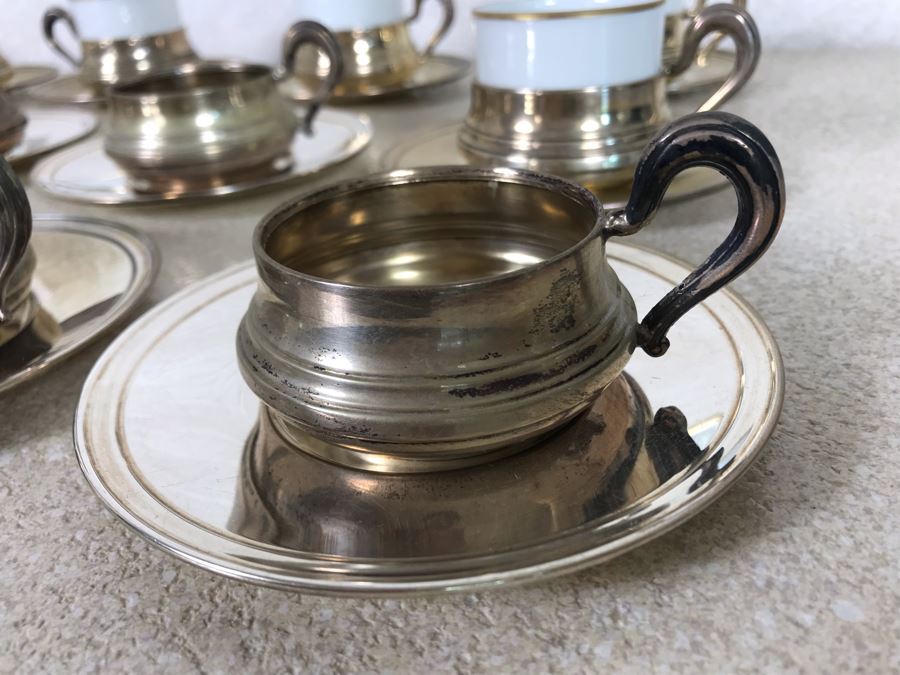 Vintage Italian 800 Demitasse Silver Cups Holders Hallmarked 33 VC - VERCELLI By PASSERA F. LLI di PASSERA Rag. GIULIO & Geom. UMBERTO 4.5W With Six Limoges France Porcelain Demitasse Cups 990g TW [Photo 4]