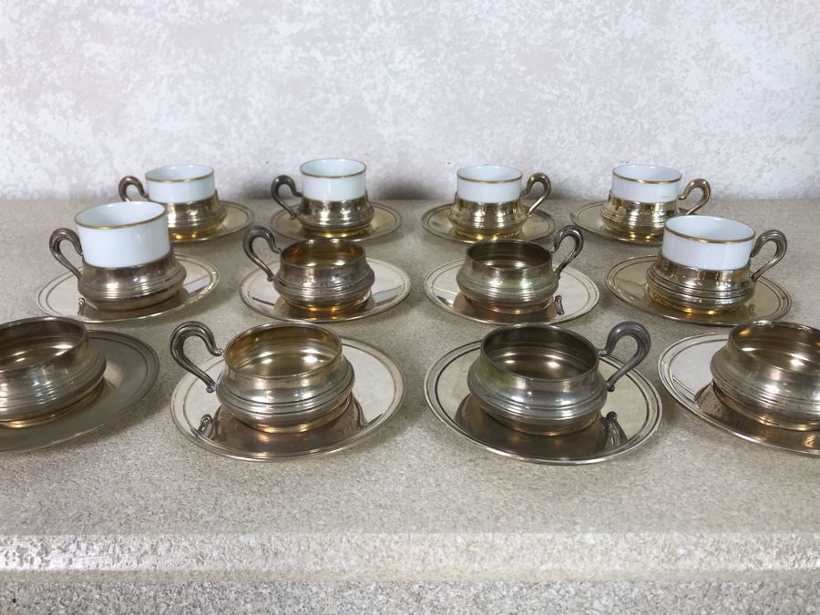 Vintage Italian 800 Demitasse Silver Cups Holders Hallmarked 33 VC - VERCELLI By PASSERA F. LLI di PASSERA Rag. GIULIO & Geom. UMBERTO 4.5W With Six Limoges France Porcelain Demitasse Cups 990g TW [Photo 2]