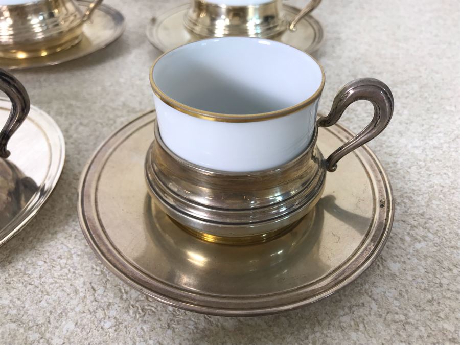Vintage Italian 800 Demitasse Silver Cups Holders Hallmarked 33 VC - VERCELLI By PASSERA F. LLI di PASSERA Rag. GIULIO & Geom. UMBERTO 4.5W With Six Limoges France Porcelain Demitasse Cups 990g TW [Photo 7]
