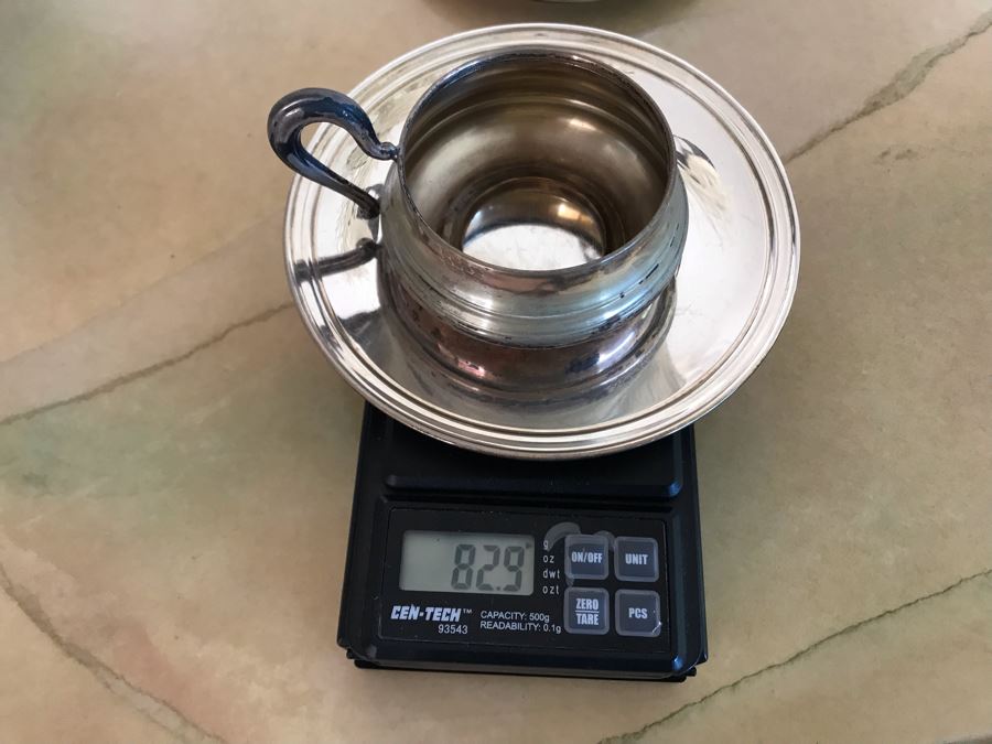 Vintage Italian 800 Demitasse Silver Cups Holders Hallmarked 33 VC - VERCELLI By PASSERA F. LLI di PASSERA Rag. GIULIO & Geom. UMBERTO 4.5W With Six Limoges France Porcelain Demitasse Cups 990g TW [Photo 18]