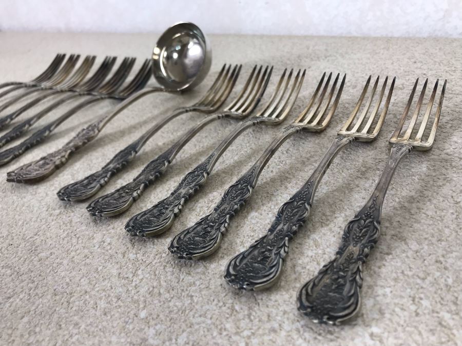 Vintage Italian 800 Silver Twelve Forks And Serving Spoon By A.P.I.S. Hallmarked 72 PA - PALERMO Italy 678g TW [Photo 9]