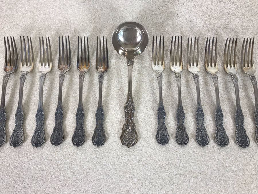 Vintage Italian 800 Silver Twelve Forks And Serving Spoon By A.P.I.S. Hallmarked 72 PA - PALERMO Italy 678g TW [Photo 1]