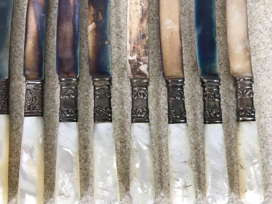 Vintage Sterling Silver Repousse And Mother Of Pearl Handle Knives - Four By Landers Frary & Clark Aetna Works And Four By American Cutlery Company 247g TW [Photo 6]
