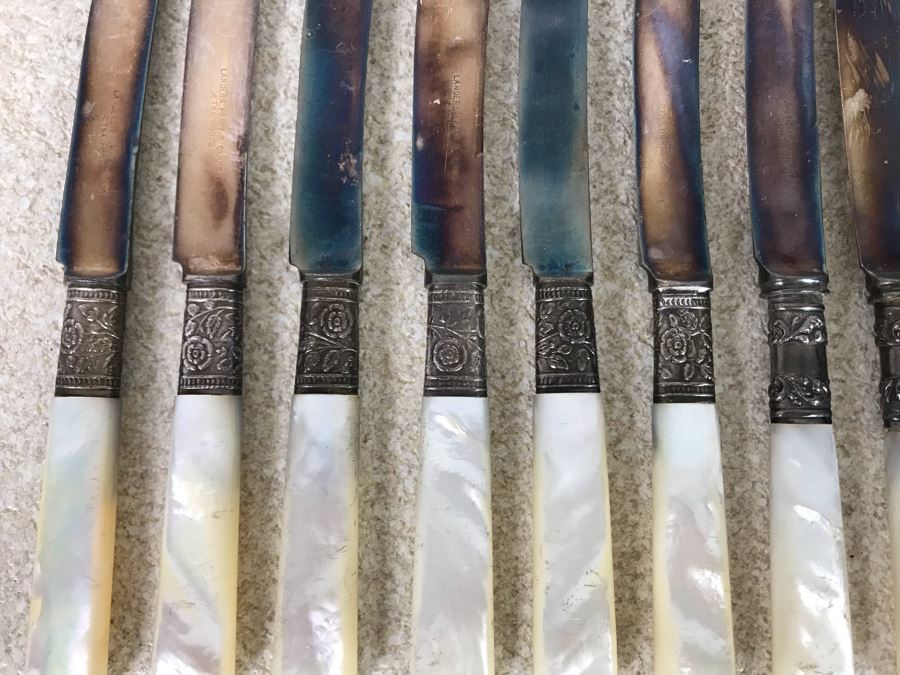 Vintage Sterling Silver Repousse And Mother Of Pearl Handle Knives - Four By Landers Frary & Clark Aetna Works And Four By American Cutlery Company 247g TW [Photo 7]