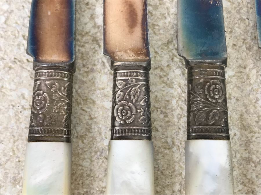 Vintage Sterling Silver Repousse And Mother Of Pearl Handle Knives - Four By Landers Frary & Clark Aetna Works And Four By American Cutlery Company 247g TW [Photo 4]