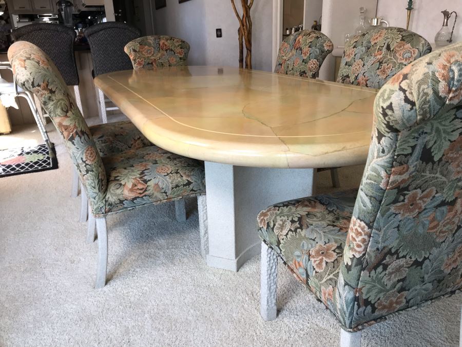 Custom Dining Table With Decoupage Top And Eight Upholstered Dining Chairs 108L X 43W X 29.5H [Photo 1]