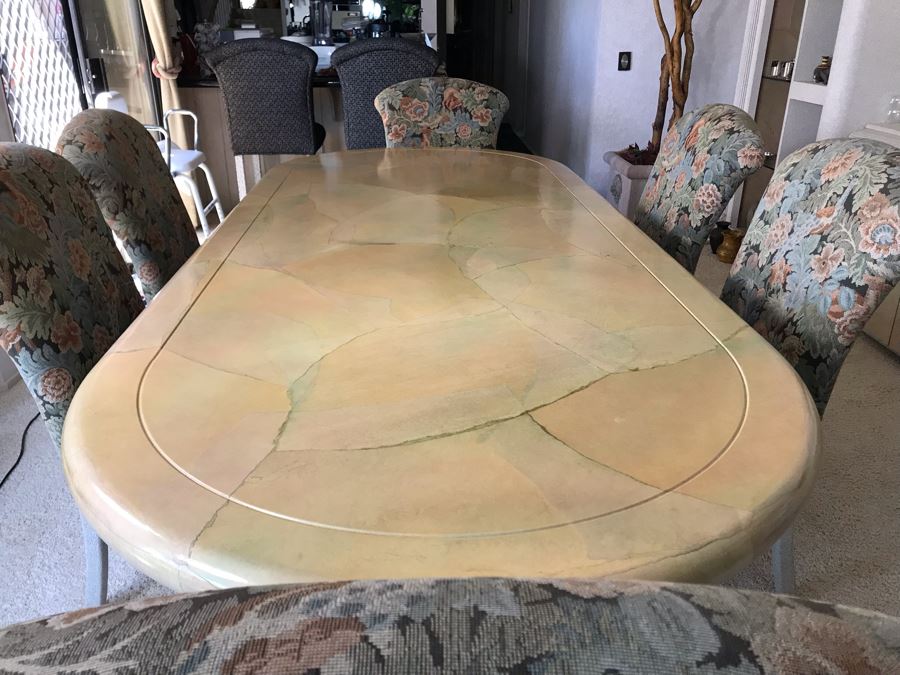 Custom Dining Table With Decoupage Top And Eight Upholstered Dining Chairs 108L X 43W X 29.5H [Photo 9]