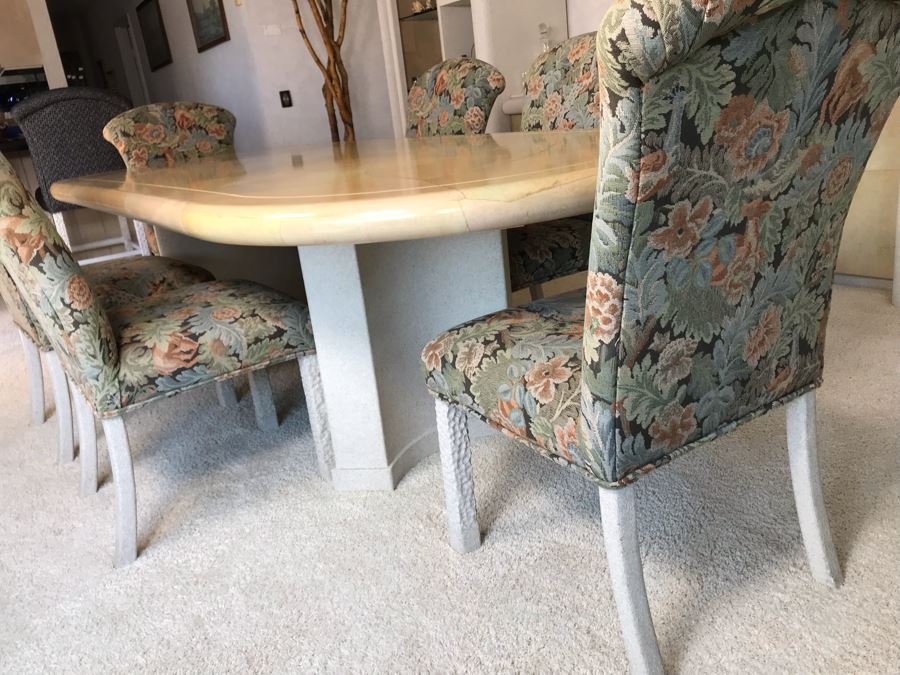 Custom Dining Table With Decoupage Top And Eight Upholstered Dining Chairs 108L X 43W X 29.5H [Photo 7]