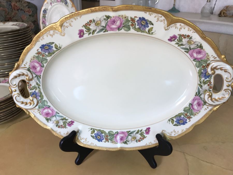 Pirkenhammer Czechoslovakia Fine Bohemian China Avignon Pattern Gold Rim Elegantly Decorated Includes Three Serving Platters, Soup Tureen, Gravy Boat, Dishes, Bowls Apx 55 Pieces From Getty Estate In Italy [Photo 43]