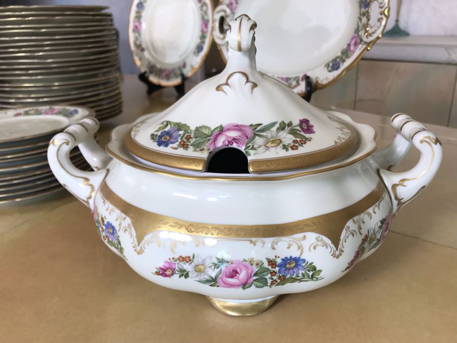 Pirkenhammer Czechoslovakia Fine Bohemian China Avignon Pattern Gold Rim Elegantly Decorated Includes Three Serving Platters, Soup Tureen, Gravy Boat, Dishes, Bowls Apx 55 Pieces From Getty Estate In Italy [Photo 35]