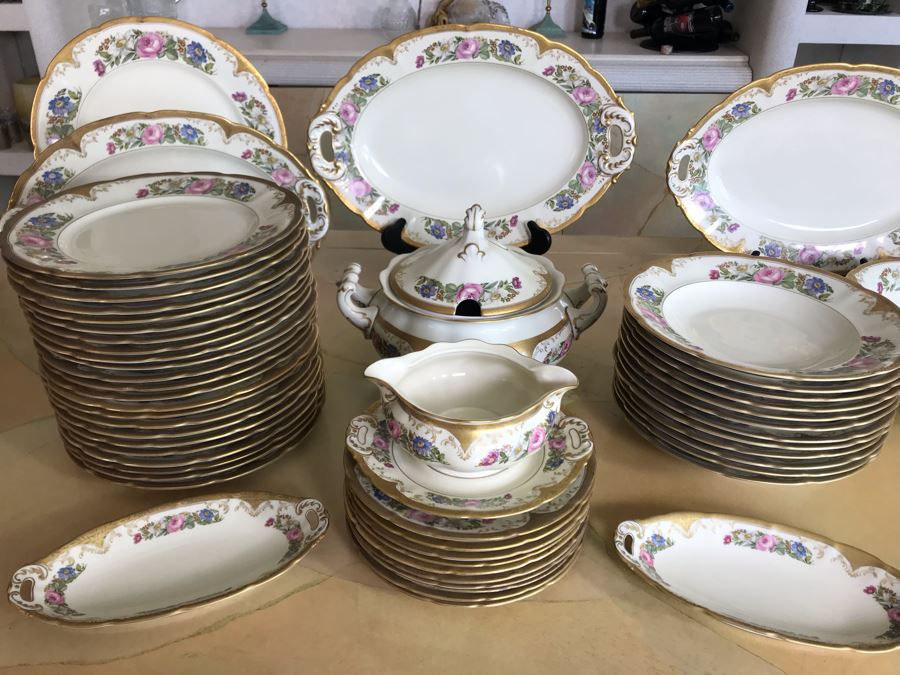 Pirkenhammer Czechoslovakia Fine Bohemian China Avignon Pattern Gold Rim Elegantly Decorated Includes Three Serving Platters, Soup Tureen, Gravy Boat, Dishes, Bowls Apx 55 Pieces From Getty Estate In Italy [Photo 4]