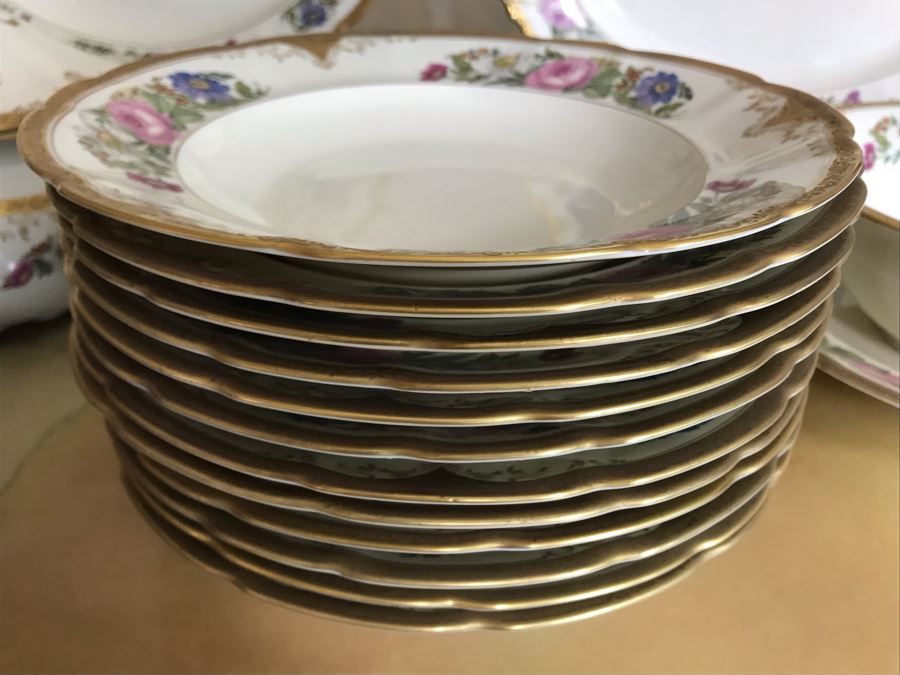 Pirkenhammer Czechoslovakia Fine Bohemian China Avignon Pattern Gold Rim Elegantly Decorated Includes Three Serving Platters, Soup Tureen, Gravy Boat, Dishes, Bowls Apx 55 Pieces From Getty Estate In Italy [Photo 7]
