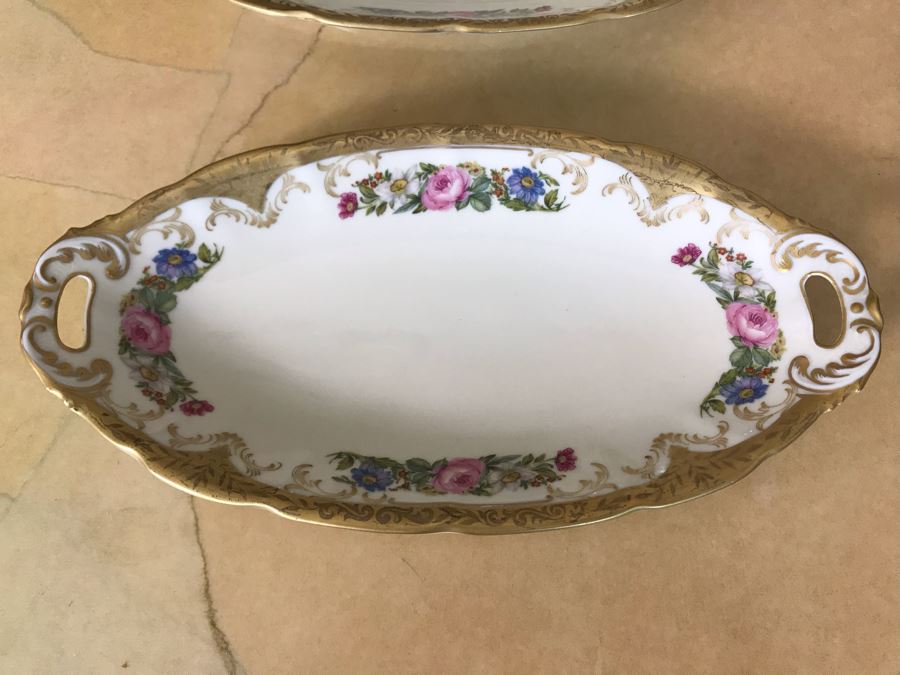 Pirkenhammer Czechoslovakia Fine Bohemian China Avignon Pattern Gold Rim Elegantly Decorated Includes Three Serving Platters, Soup Tureen, Gravy Boat, Dishes, Bowls Apx 55 Pieces From Getty Estate In Italy [Photo 47]
