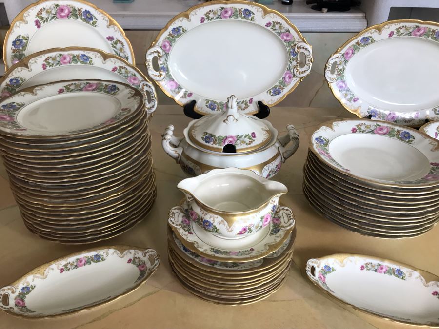 Pirkenhammer Czechoslovakia Fine Bohemian China Avignon Pattern Gold Rim Elegantly Decorated Includes Three Serving Platters, Soup Tureen, Gravy Boat, Dishes, Bowls Apx 55 Pieces From Getty Estate In Italy