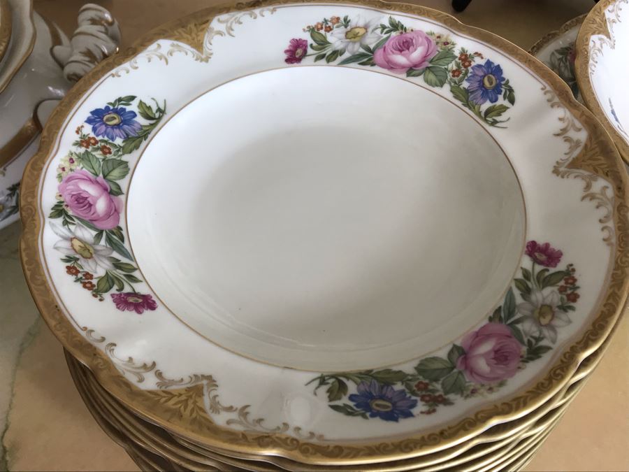 Pirkenhammer Czechoslovakia Fine Bohemian China Avignon Pattern Gold Rim Elegantly Decorated Includes Three Serving Platters, Soup Tureen, Gravy Boat, Dishes, Bowls Apx 55 Pieces From Getty Estate In Italy [Photo 6]