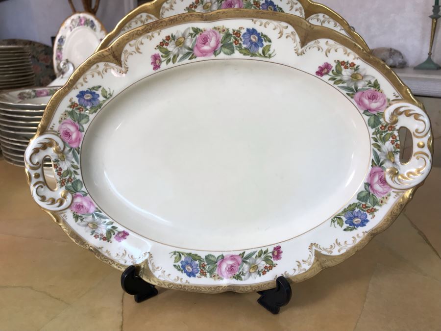 Pirkenhammer Czechoslovakia Fine Bohemian China Avignon Pattern Gold Rim Elegantly Decorated Includes Three Serving Platters, Soup Tureen, Gravy Boat, Dishes, Bowls Apx 55 Pieces From Getty Estate In Italy [Photo 18]