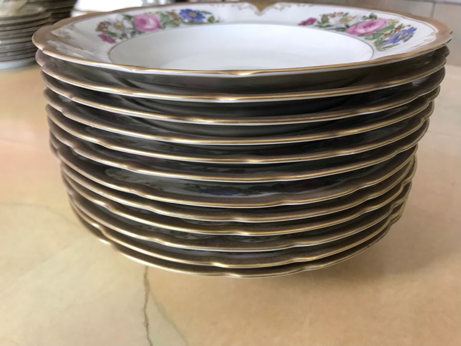 Pirkenhammer Czechoslovakia Fine Bohemian China Avignon Pattern Gold Rim Elegantly Decorated Includes Three Serving Platters, Soup Tureen, Gravy Boat, Dishes, Bowls Apx 55 Pieces From Getty Estate In Italy [Photo 25]