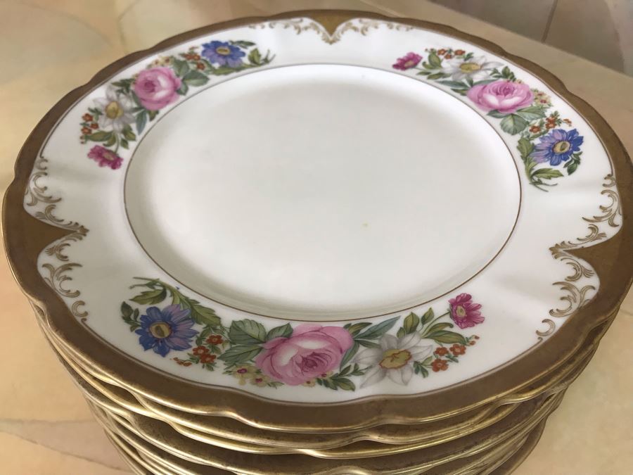 Pirkenhammer Czechoslovakia Fine Bohemian China Avignon Pattern Gold Rim Elegantly Decorated Includes Three Serving Platters, Soup Tureen, Gravy Boat, Dishes, Bowls Apx 55 Pieces From Getty Estate In Italy [Photo 58]