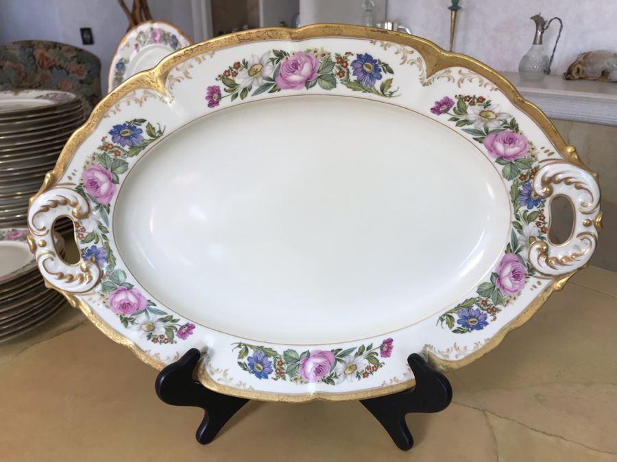 Pirkenhammer Czechoslovakia Fine Bohemian China Avignon Pattern Gold Rim Elegantly Decorated Includes Three Serving Platters, Soup Tureen, Gravy Boat, Dishes, Bowls Apx 55 Pieces From Getty Estate In Italy [Photo 42]