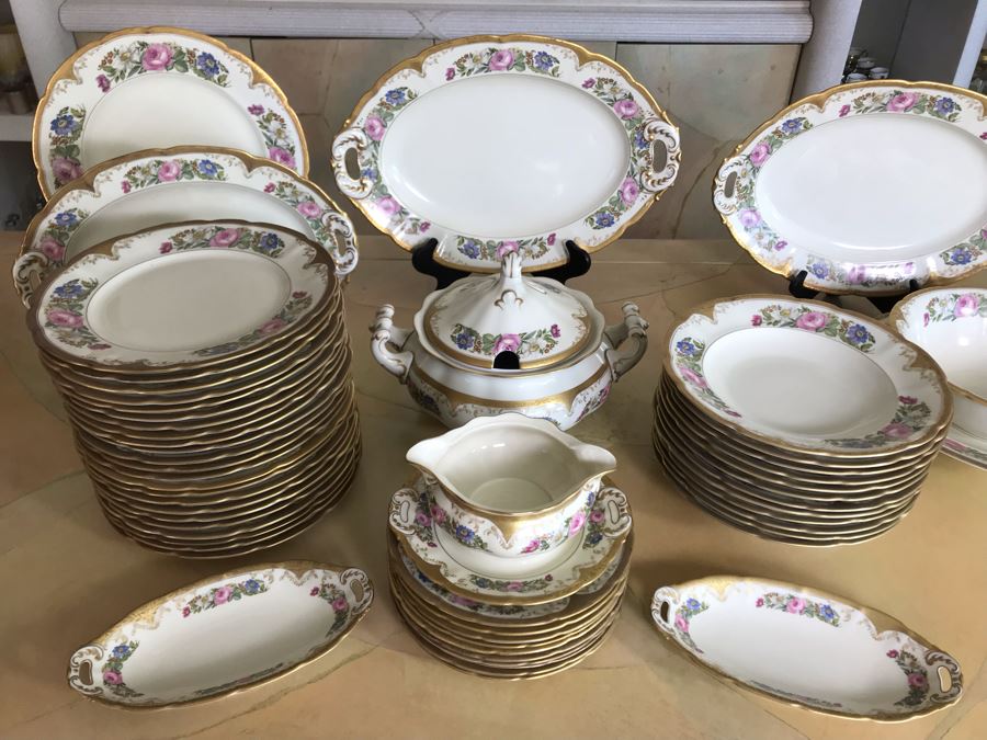 Pirkenhammer Czechoslovakia Fine Bohemian China Avignon Pattern Gold Rim Elegantly Decorated Includes Three Serving Platters, Soup Tureen, Gravy Boat, Dishes, Bowls Apx 55 Pieces From Getty Estate In Italy [Photo 3]