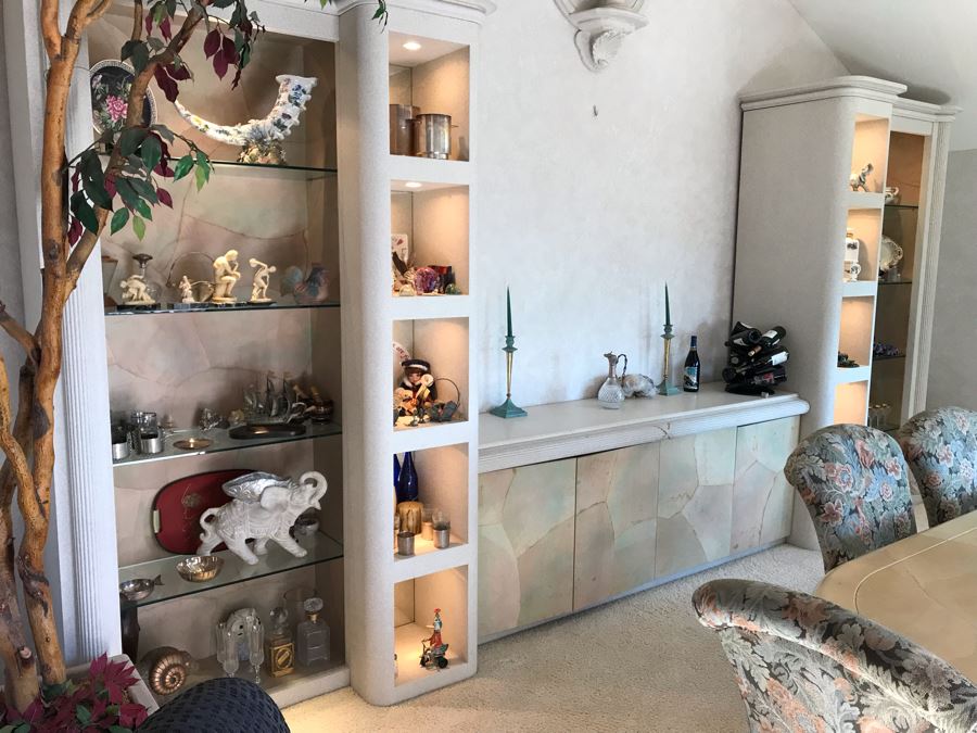 Large Custom 3-Piece China Cabinet Buffet Server With Two Taller End Unit Shelves With Overhead Lighting 54W X 24D X 96H And Center Server 84W X 21D [Photo 7]