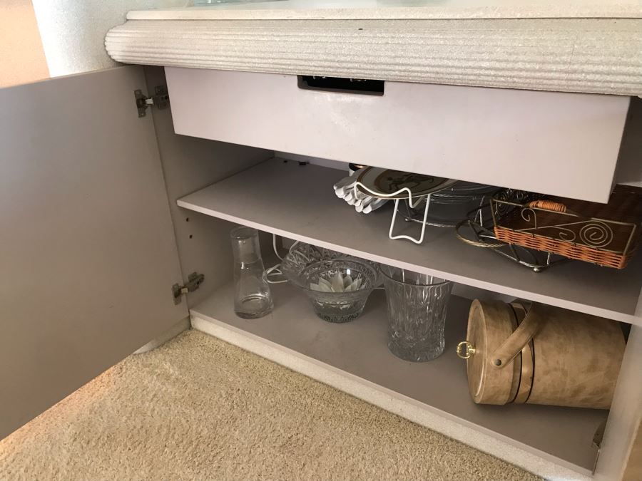 Large Custom 3-Piece China Cabinet Buffet Server With Two Taller End Unit Shelves With Overhead Lighting 54W X 24D X 96H And Center Server 84W X 21D [Photo 17]