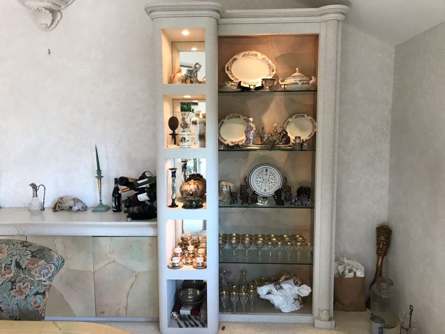 Large Custom 3-Piece China Cabinet Buffet Server With Two Taller End Unit Shelves With Overhead Lighting 54W X 24D X 96H And Center Server 84W X 21D [Photo 10]